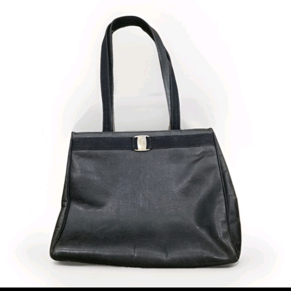Salvatore Ferragamo Black Reptile Embossed Leather Tote Preppy Bag Large Black - Picture 1 of 16